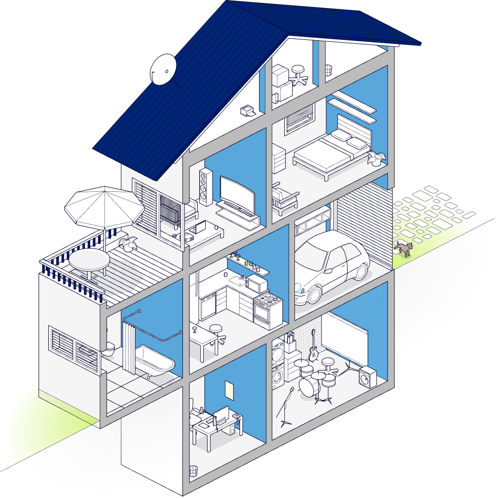 Isometric cutaway illustration of a home showing pest hiding locations